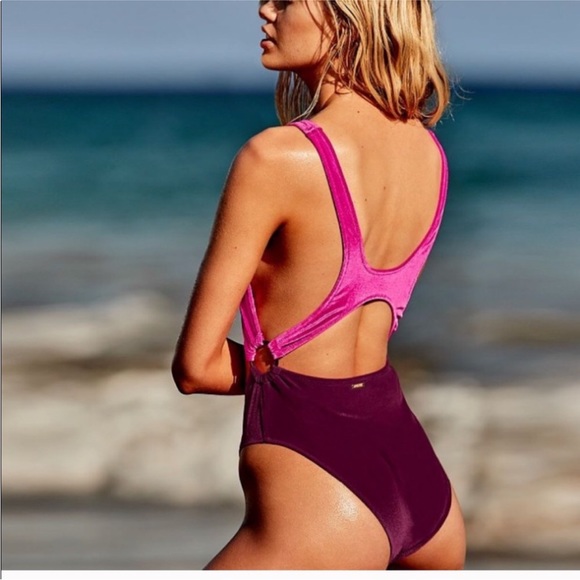 VS Pink vintage style pink/mulberry colored velvet cut out swimsuit. Size Small - Picture 2 of 11